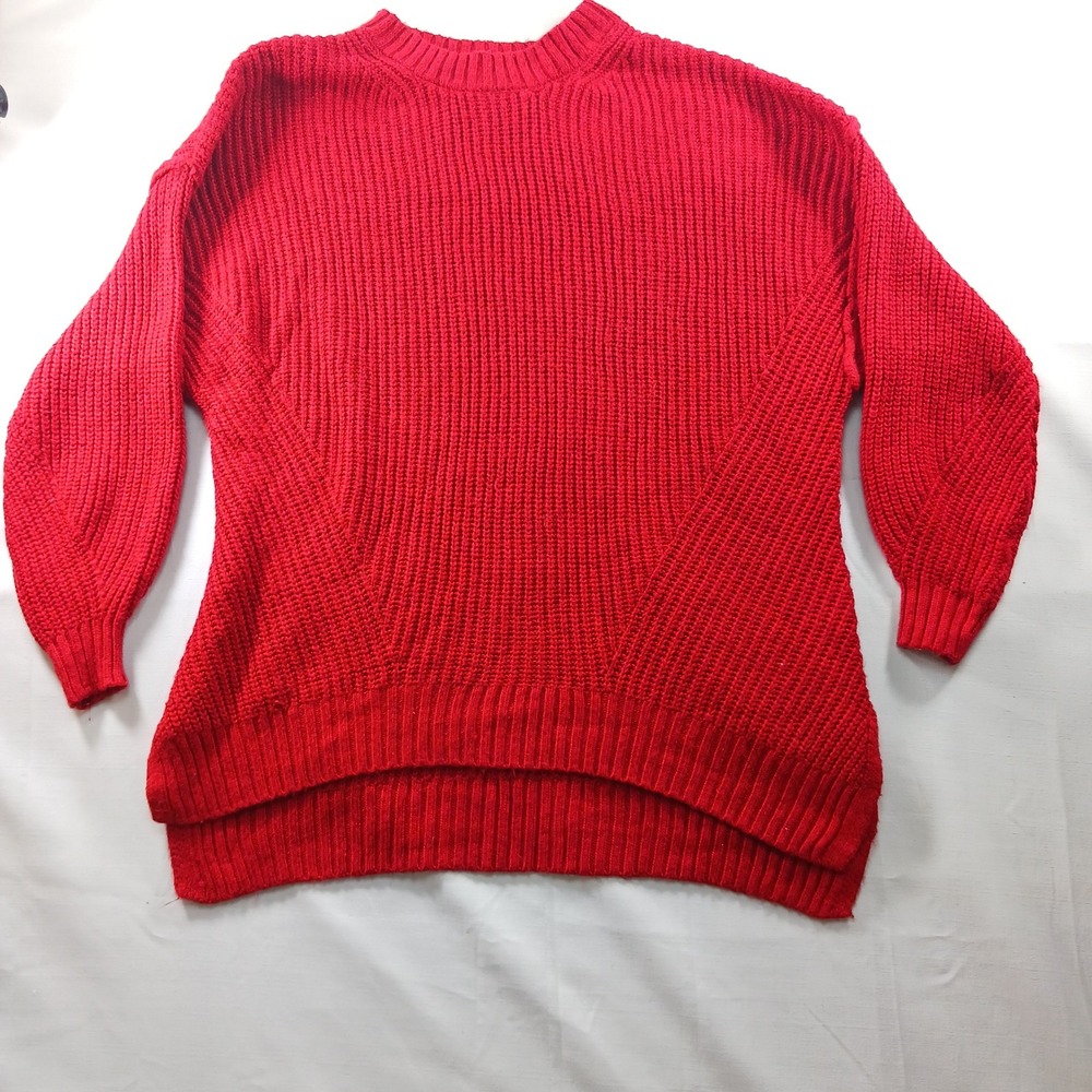 American Eagle Red Oversized Shaker Stitch Crewneck Sweater Small Hi-Low Hem